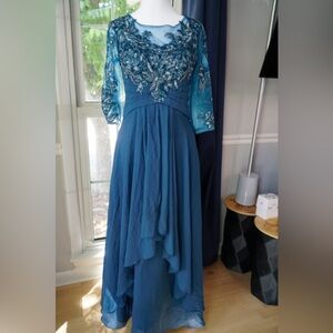 Size 6 Blue Embroidered Chiffon Gown with Sheer Sleeves & Corset Back NWOT